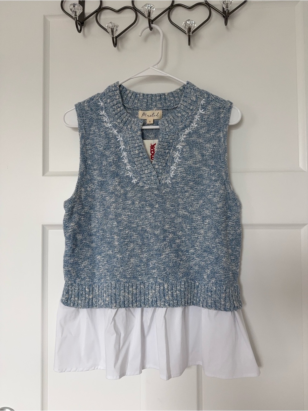 Marled Blue Heathered Sleeveless Knit Tank with White Poplin Hem